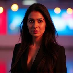 Neha Mahajan with campaign backdrop